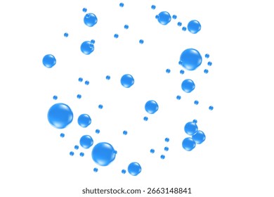 Fofo 3D fluindo bolhas de água líquido azul ou fluido brilhantes bolhas de ar gotas isoladas, fundo transparente. Água espumante, moléculas ou partículas de condensação de humidade
