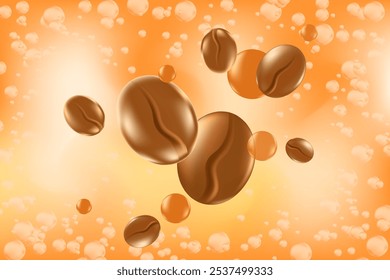 Nette 3D fließende Bewegung von Kaffeebohnen, Karamelll glühende Blasen zitzen. Eleganter beiger Aquarellhintergrund, Kaffeebildung für Café oder Kaffeehausposter, Präsentation.
