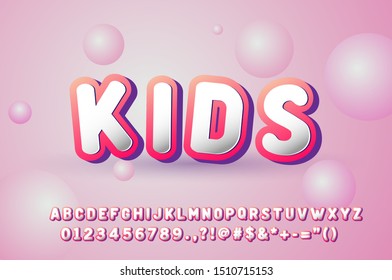 Cute 3D Font For Kids, Trendy Gradient Cartoon Font Effect With Bubble Background, Cute Font And Alphabet Sets.