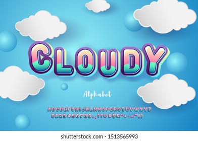 Cute 3D Font for Kids, trendy gradient cartoon font effect with clouds background, cute font and alphabet sets.