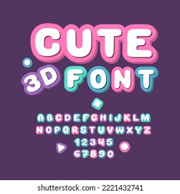 Cute 3d font. Kids volume alphabet. Playful funny English letters and numbers from 0 to 9.	