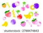 Cute 3d fruit jelly candy set, juicy transparent gummy, isolated icon, chewy vitamins sweets transparent background. Fresh yummy fruits, cherry, strawberry, blueberry, raspberry, banana, grape flavor