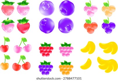 Cute 3d fruit jelly candy set, juicy transparent gummy, isolated icon, chewy vitamins sweets transparent background. Fresh yummy fruits, cherry, strawberry, blueberry, raspberry, banana, grape flavor