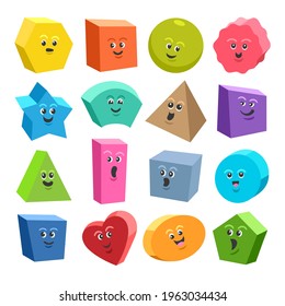 3D-geometrische Formzeichen ausradieren. Leuchtende geometrische Grundformen, Bildungs-Icons für Kinder, komische, bunte Vektorobjekte