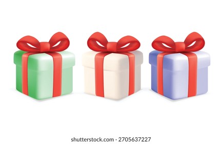 Caixa de presente 3D bonito definido em estilo de brinquedo. Presentes coloridos de Natal com arcos vermelhos (verde, branco, azul). Ideal para bandeiras de venda de férias, brindes, recompensas, ou aplicação festiva IU.