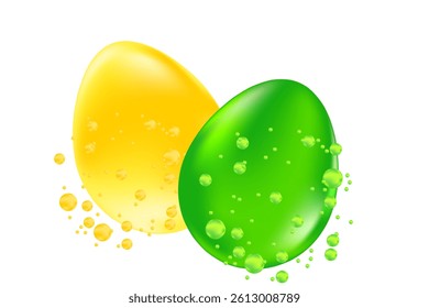 Cute 3D glowing yellow, green easter eggs icon isolated Png, transparent background. Iridescent neon glow glass or plastic texture egg shape with flowing bubble fizz particles clipart