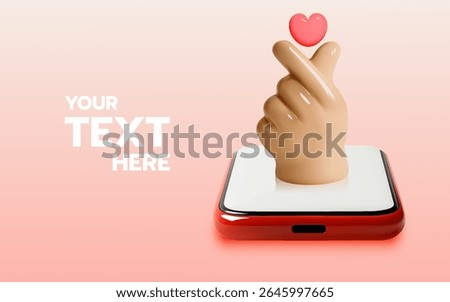 A cute 3D hand forming a Korean finger heart gesture on a smartphone, ideal for love or social media concepts.

