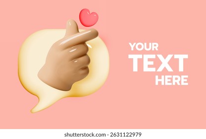 A cute 3D hand gesture forming a Korean finger heart surrounded by pink hearts and clouds on a pastel background.
