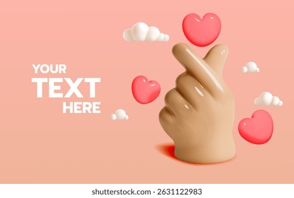 A cute 3D hand gesture forming a Korean finger heart surrounded by pink hearts and clouds on a pastel background.
