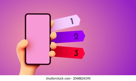 Cute 3D Hand, die Smartphone-Modell hält. Wählen Sie drei Optionen aus. Mobile Info Konzept. Vektorgrafik.