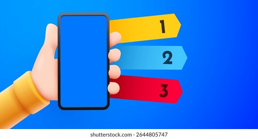 Linda maqueta de teléfono inteligente de mano 3D. Maqueta con tres opciones. Concepto de información móvil. Ilustración vectorial.