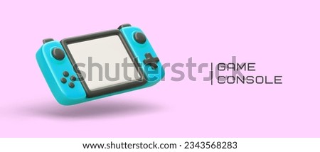 Cute 3D handheld game console. Gadget for playing with two hands. Concept for electronic toy store. Color poster in cartoon style. Announcement of new arrivals, discounts
