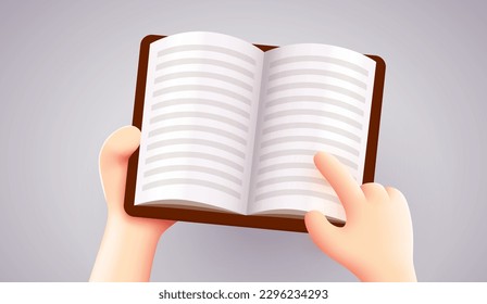Cute 3d hands holding book. Reading concept. Vector illustration