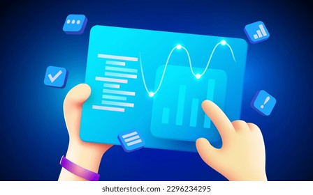 Las manos tridimensionales están sosteniendo una tableta con análisis financiero. Concepto de finanzas. Ilustración del vector