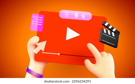 Cute 3d hands are holding a video player. Video editing concept. Vector illustration