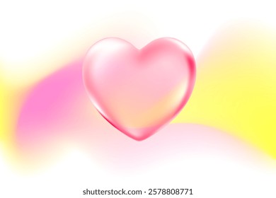 Cute 3D heart icon with pink, yellow, purple blurry wave form, iridescent smooth gradient brush stroke isolated motion element, transparent background. Dream glow abstract dynamic watercolor shape.