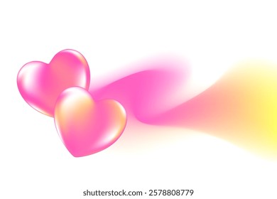 Cute 3D heart icon with pink, yellow, purple blurry wave form, iridescent smooth gradient brush stroke isolated motion element, transparent background. Dream glow abstract dynamic watercolor shape.