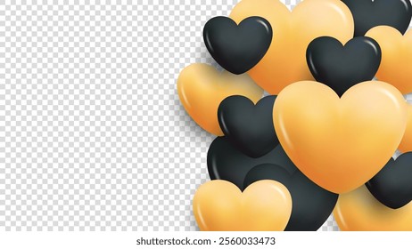 Cute 3d hearts. Graphic overlay template for wedding invitations and Happy Valentine's Day holiday greetings. Gold and black colors. Transparent background. Vector illustration.