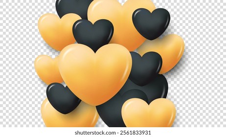 Cute 3d hearts on transparent background. Graphic overlay template for wedding invitations and Happy Valentine's Day holiday greetings. Gold and black colors. Vector illustration.