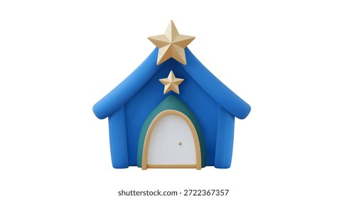 Cute 3D house icon with blue roof arched door and star decoration isolated on white background representing home real estate safety and housing concepts