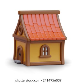 Cute 3D house with pitched tiled roof. Fabulous home. Vector color illustration in cartoon style. Template for creative children, magical design. Web Halloween concept