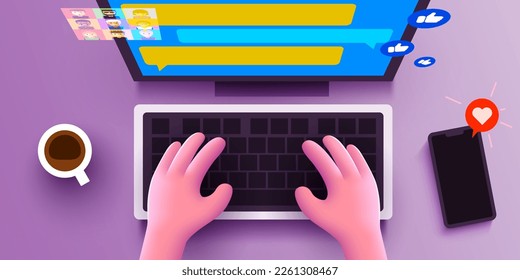 Cute 3d Human hands chatting on a computer keyboard. Social network and marketing concept. View from above. Vector illustration