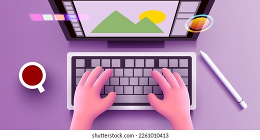 Cute 3d Human hands work on a computer keyboard. Designer and digital artist concept. View from above. Vector illustration