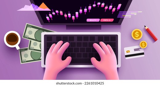 Cute 3d Human hands work on a computer keyboard. Financial business analytic and manager concept. View from above. Vector illustration