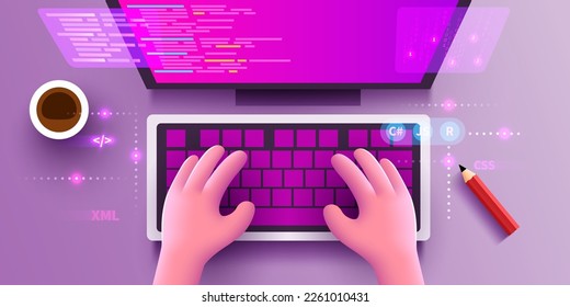 Cute 3d Human hands work on a computer keyboard. Programming and development concept. View from above. Vector illustration