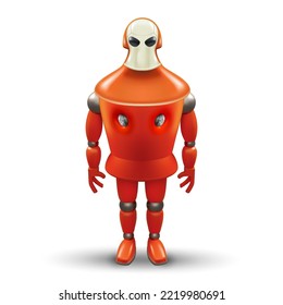 Cute 3D Humanoid Robotic Automation Isolated Icon. Tough Red Bot Mascot Character Illustration on White Backdrop