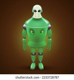 Cute 3D Humanoid Robotic Automation Isolated Icon. Tough Green Bot Mascot Character Illustration on Dark Backdrop