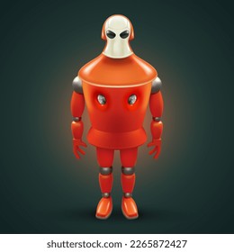 Icono Aislado De La Automatización Robótica Humanioide En 3D. Ilustración dura del personaje de la mascota de bots rojos sobre un fondo oscuro