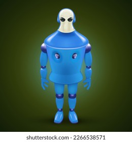 Cute 3D Humanoid Robotic Automation Isolated Icon. Tough Blue Bot Mascot Character Illustration on Dark Backdrop