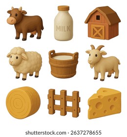 A cute 3D icon pack featuring cows, goats, sheep, barns, cheese, milk, and more. Ideal for farm-themed projects, agriculture apps, and educational visuals.