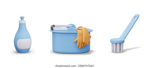 Cute 3D icons for website, cleaning business application. Plastic bottle with blank label, brush, bucket with gloves. Isolated devices and detergents for wet cleaning