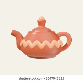 Ilustração 3D bonito de um bule de barro decorativo com uma tampa, bico e alça, ideal para projetos de chá ou chai-temático.