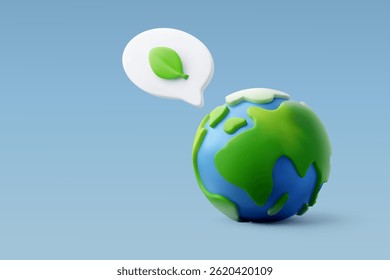 Ilustração 3D bonita da Terra com uma bolha de fala contendo uma folha verde, simbolizando comunicação eco-friendly, sustentabilidade, e consciência ambiental global.