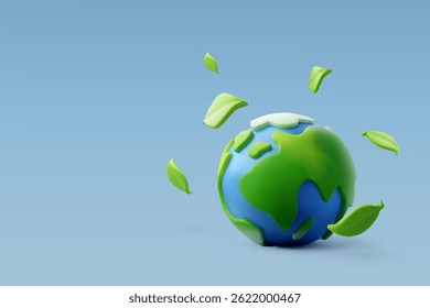 Cute 3D illustration of Earth with a speech bubble containing a green leaf, symbolizing eco-friendly communication, sustainability, and global environmental awareness.