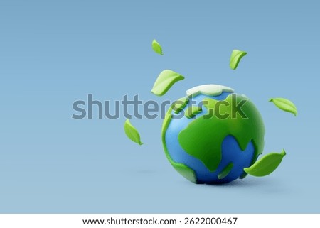 Cute 3D illustration of Earth with a speech bubble containing a green leaf, symbolizing eco-friendly communication, sustainability, and global environmental awareness.