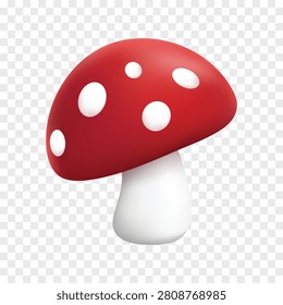 A cute 3D illustration of a red fly agaric mushroom with white spots and a white stem, isolated on a transparent background.