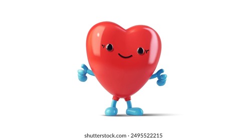 A cute 3D illustration of a red heart character with a smiling face, blue arms, and legs, giving a thumbs-up. This cheerful mascot is ideal for promoting love, health, and positivity. Vector