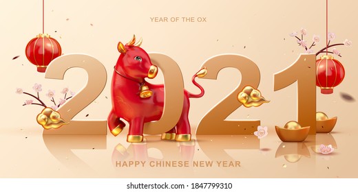 Cute 3d illustration red ox walking through 2021 with floral, hanging lanterns decorations