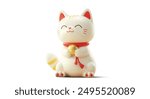 A cute 3D illustration of a white Maneki-neko (lucky cat) with a smiling face, holding a golden bell and wearing a red collar. Traditional Japanese figurine symbolizing good luck and fortune.