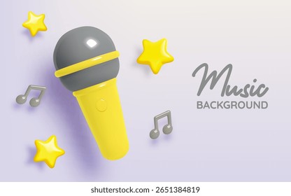 A cute 3D illustration of a yellow and gray microphone with music notes and yellow stars on a soft purple gradient background.

