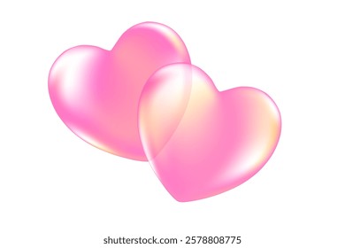 Cute 3D iridescent pink heart icon, glowing inflated balloon texture love heart clipart, isolated png, transparent background. Light pink shiny decoration, heart shape element.