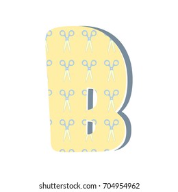 Cute 3D letter B with scissors. Vector illustration. Element for design. Kids alphabet.