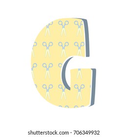 Cute 3D letter G with scissors. Vector illustration. Element for design. Kids alphabet.