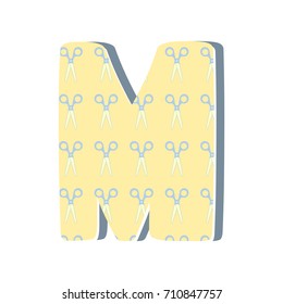Cute 3D letter M with scissors. Vector illustration. Element for design. Kids alphabet.