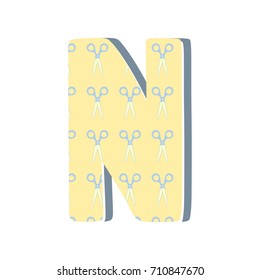Cute 3D letter N with scissors. Vector illustration. Element for design. Kids alphabet.