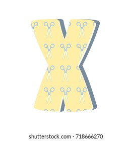 Cute 3D letter X with scissors. Vector illustration. Element for design. Kids alphabet.